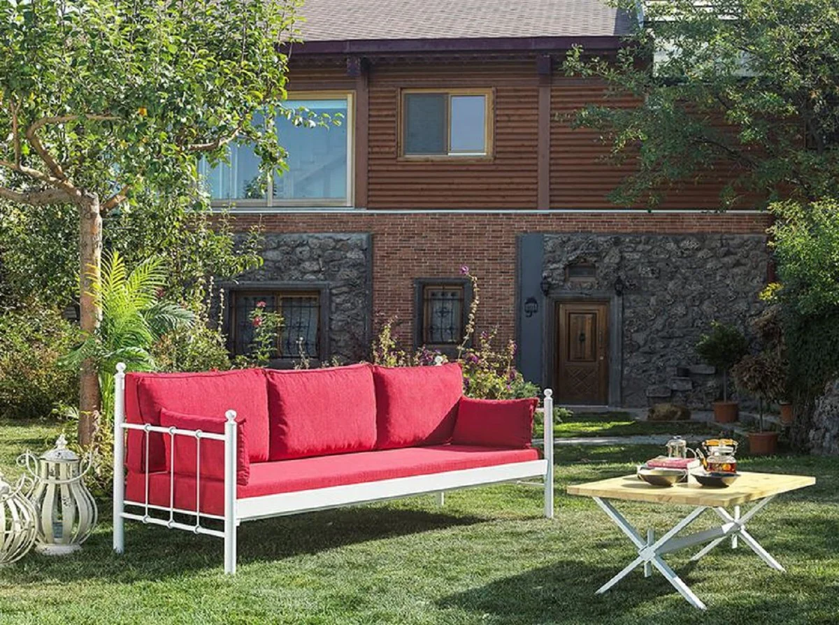 Casa Padrino sofá de jardín Art Nouveau blanco / rojo burdeos 200 x 70 x A. 92 cm - Sofá de Jardín - Sofá de Terraza - Muebles de Jardín y Terraza Art Nouveau