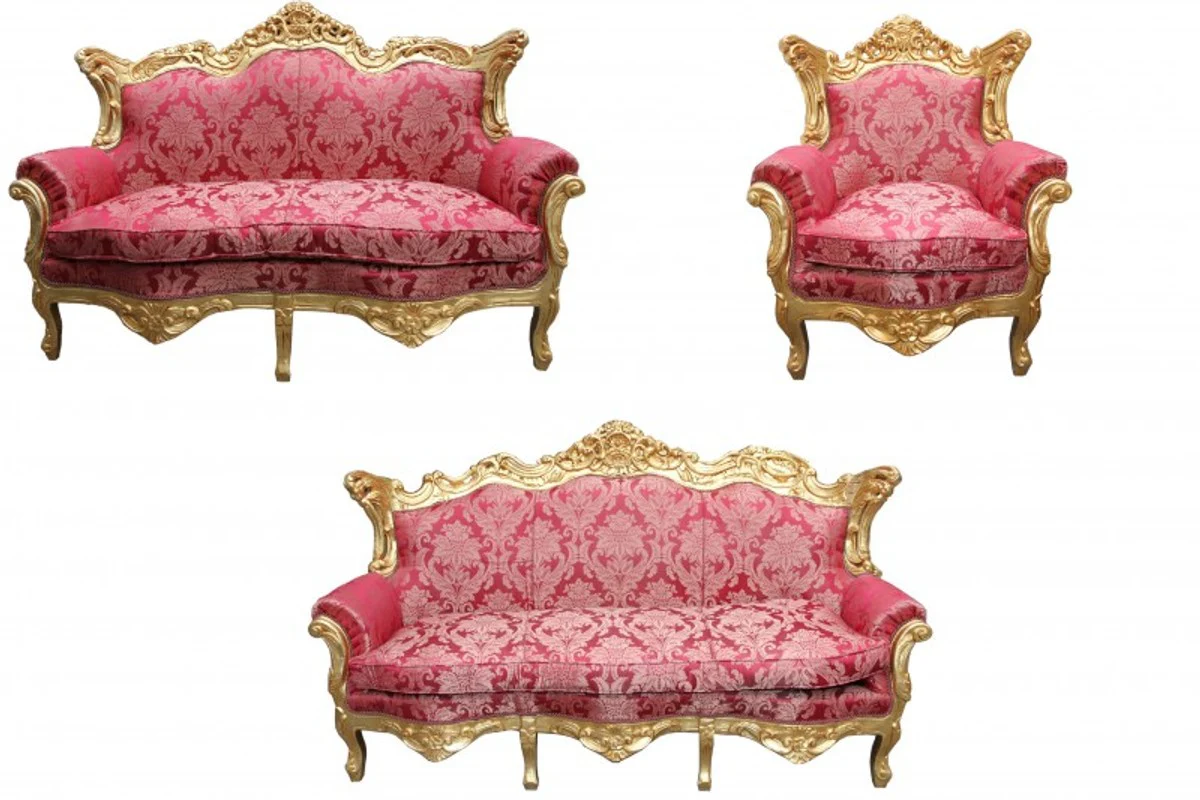 Casa Padrino Baroque Living Room Set Bordeaux pattern / Gold - 3 seater +2 seater sofa + 1 chair