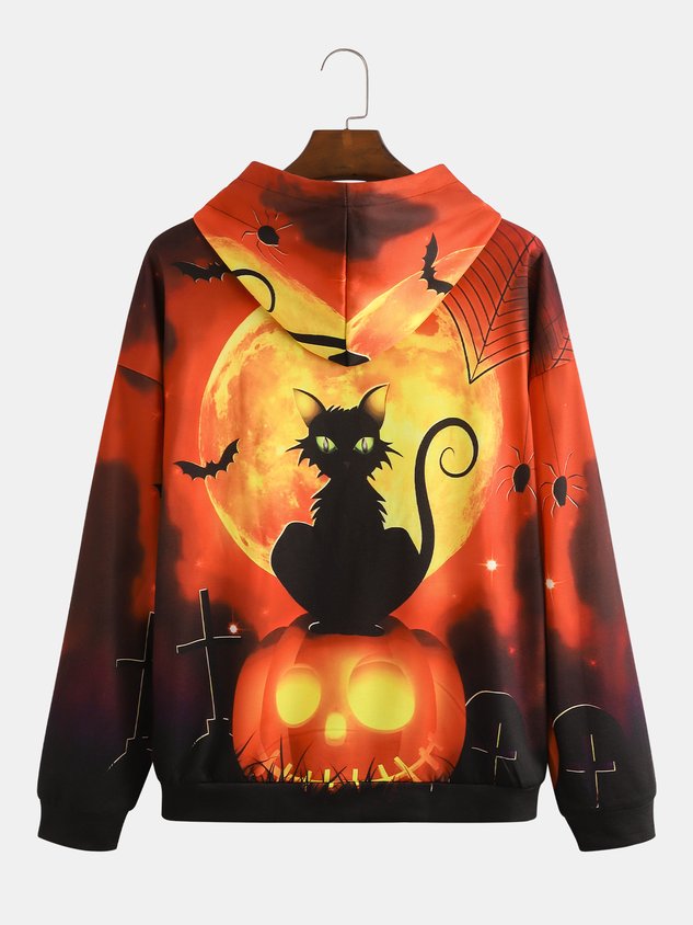 Men's Black Halloween Print Fashion Hooded Long Sleeve Sweatshirt