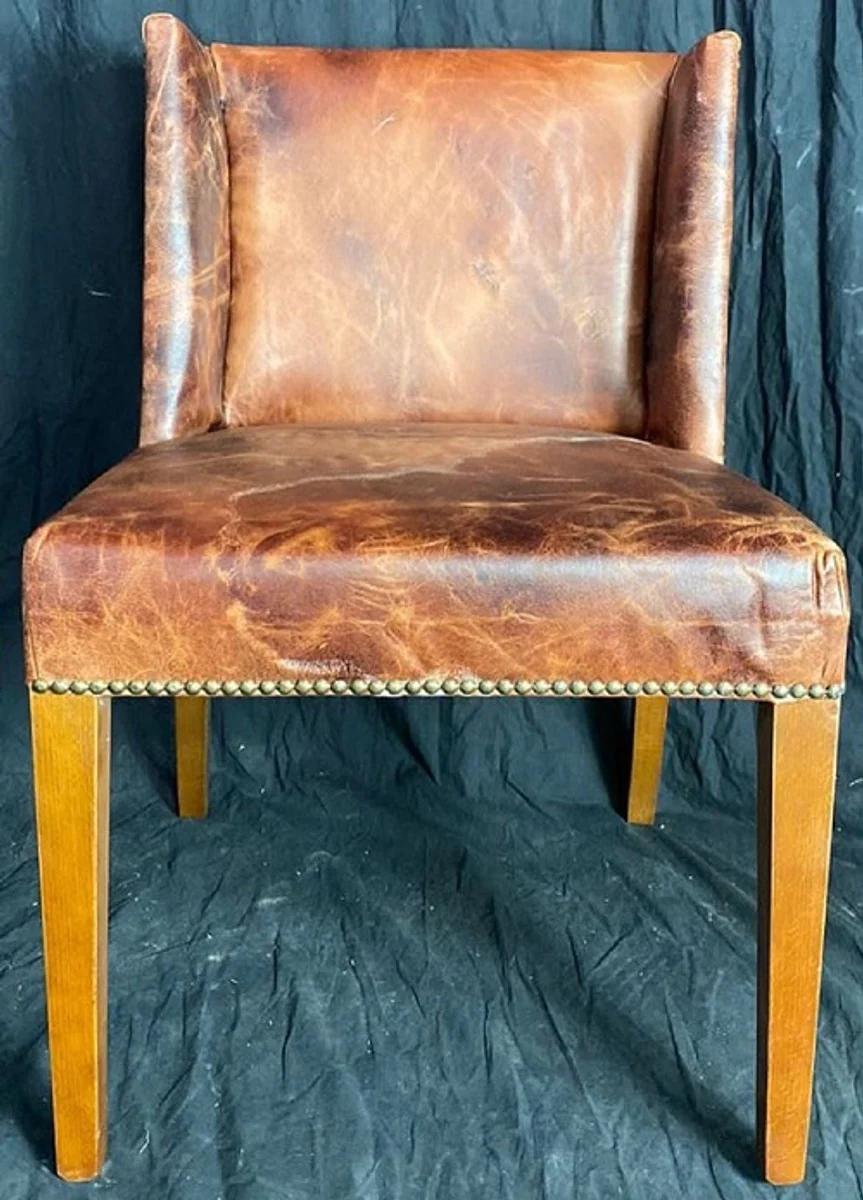 Casa Padrino conjunto de sillas de comedor de cuero de lujo marr¨®n vintage / marr¨®n claro 56 x 52 x A. 81 cm - Conjunto de 6 sillas de cocina de cuero genuino - Muebles de comedor de cuero de lujo