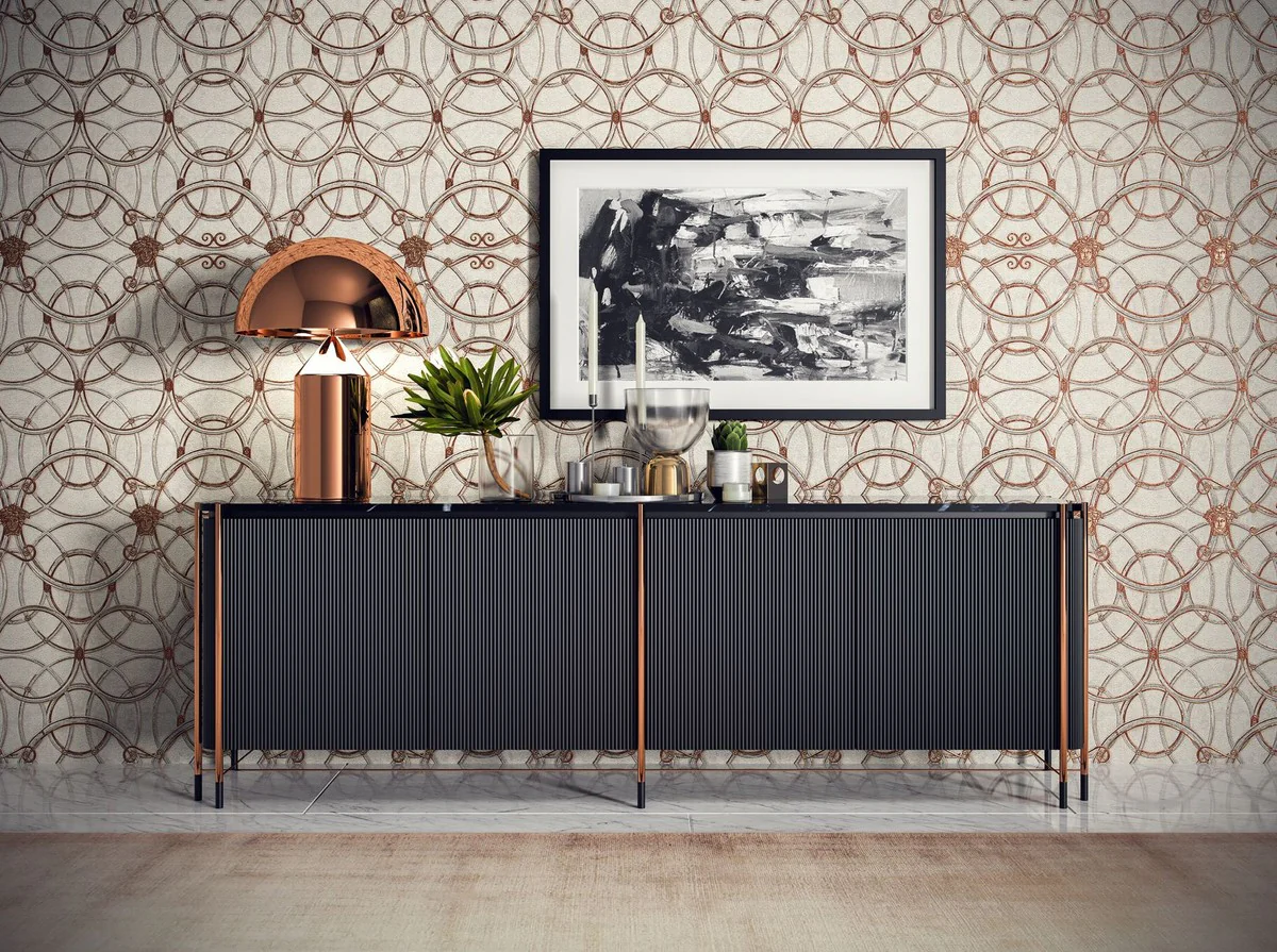 Casa Padrino aparador de lujo negro / negro mate / cobre 240 x 47 x A. 80 cm - Armario de madera maciza con 4 puertas y tapa de m¨¢rmol - Muebles de comedor - Muebles de sal¨®n - Muebles de lujo