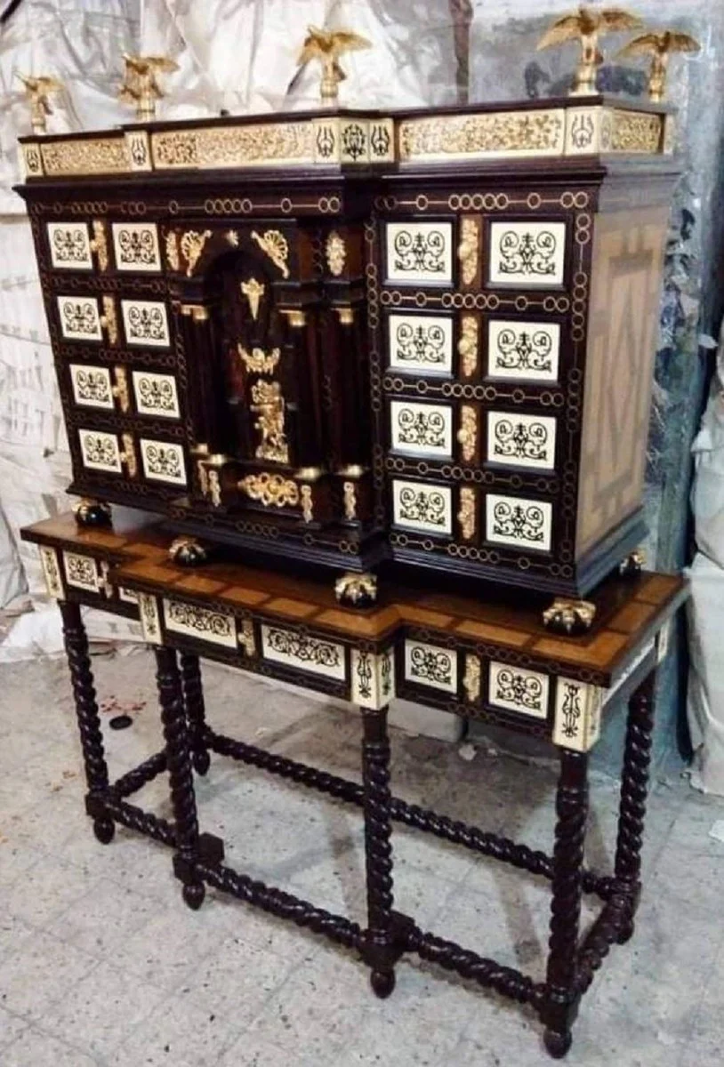 Casa Padrino secreter barroco de lujo marr¨®n oscuro / marr¨®n marqueter¨ªa / negro / blanco / oro - Secreter de estilo antiguo con puertas y cajones - Muebles de oficina barrocos - Noble y Magn¨ªfico