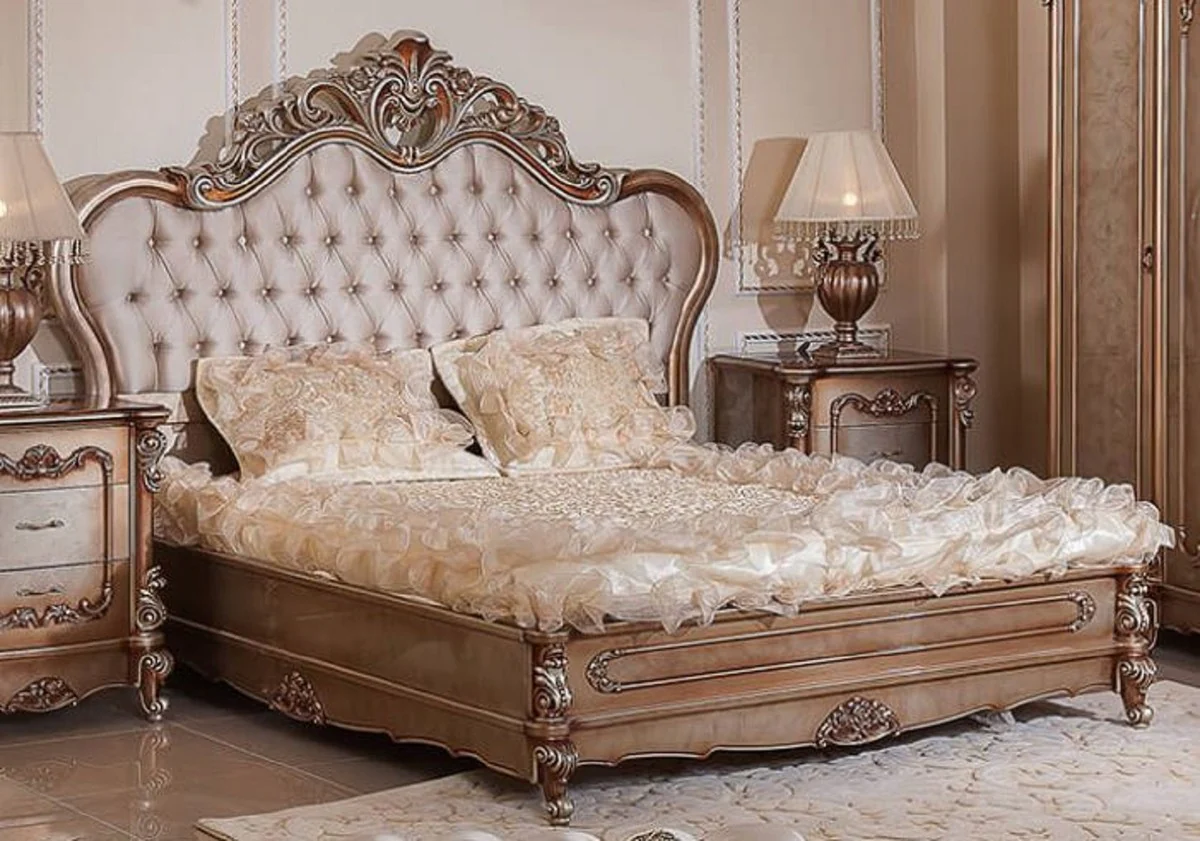Casa Padrino cama de matrimonio barroco de lujo gris / cobre / plata - Magnífica cama de madera maciza - Muebles de dormitorio de lujo en estilo barroco - Muebles barrocos - Furnishings barrocos
