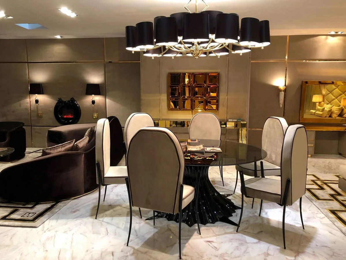 Casa Padrino mesa de comedor de dise?o de lujo negro alto brillo / negro ? 180 x A. 78 cm - Mesa de comedor hecha a mano con tapa redonda de vidrio - Muebles de comedor de lujo - Calidad de Lujo