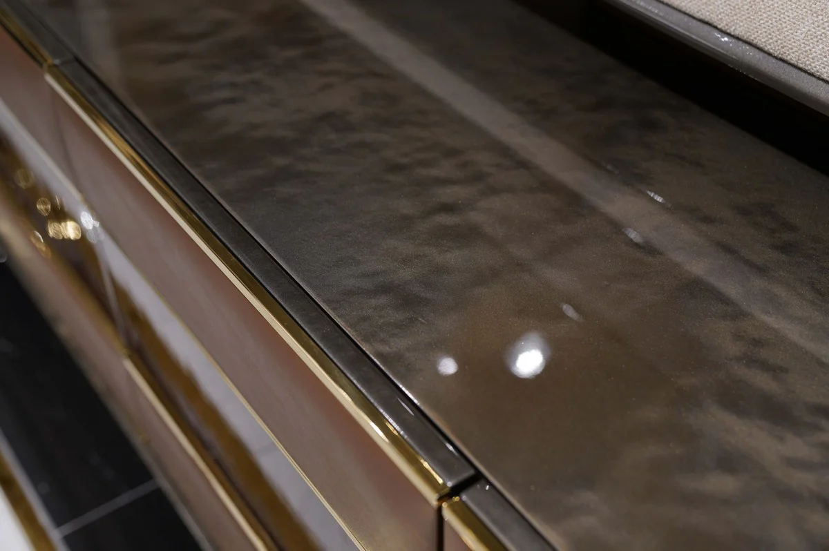 Casa Padrino conjunto de armario de TV de lujo marr¨®n / natural / gris / oro - Aparador de sal¨®n con 4 puertas y pared trasera de TV - Muebles de sal¨®n - Muebles de lujo - Interiores de lujo