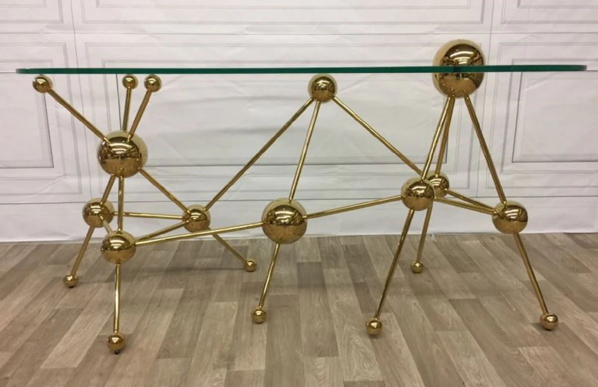 Casa Padrino escritorio de dise?o de lujo oro 160 x 75 x A. 77 cm - Mesa de oficina de metal con tapa de vidrio curvo - Mesa de ordenador - Muebles de oficina de dise?o de lujo