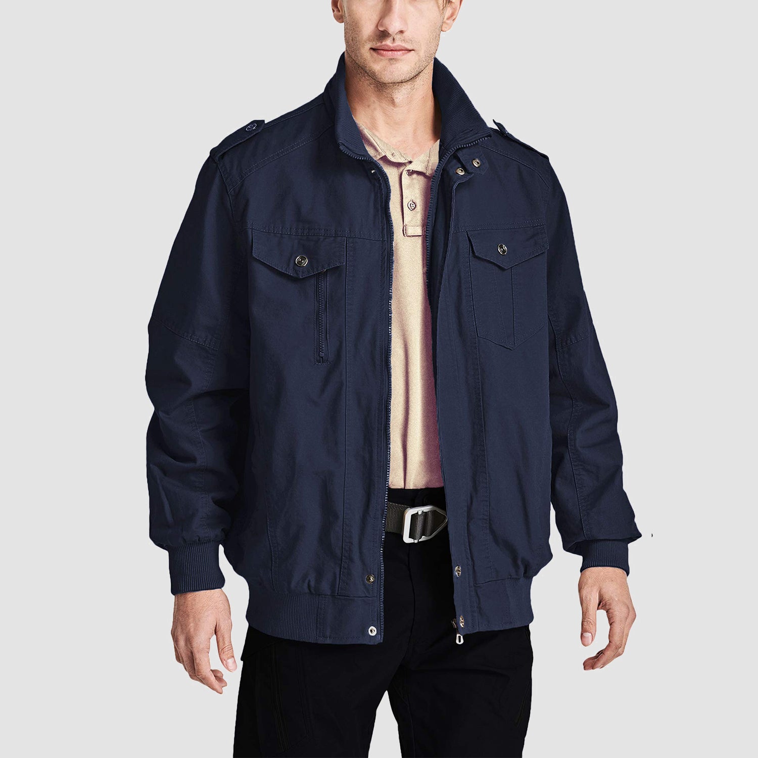 Men's Cotton Cargo Jackets Stand Collar Lightweight Tactical Jacket Windbreaker 4 Pockets