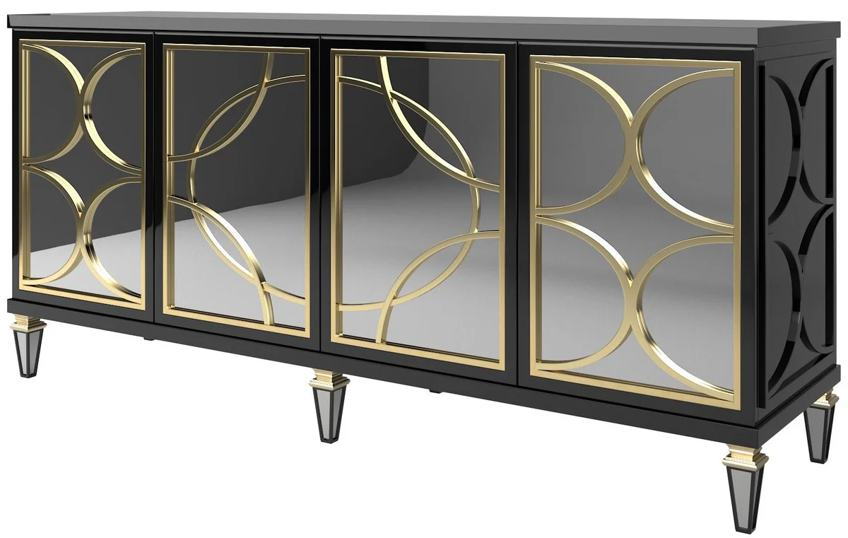 Casa Padrino aparador barroco de lujo negro / oro 220 x 55 x A. 105 cm - Gabinete magn¨ªfico con 4 puertas espejadas - Muebles Barrocos