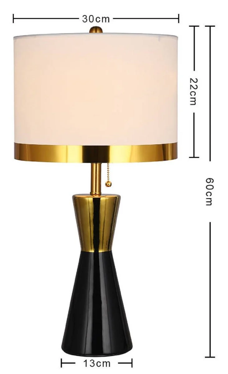 Casa Padrino lámpara de mesa de cerámica de lujo negro / oro / blanco Ø 30 x A. 60 cm - Lámpara de escritorio redonda de cerámica con pantalla - Luces de cerámica de lujo