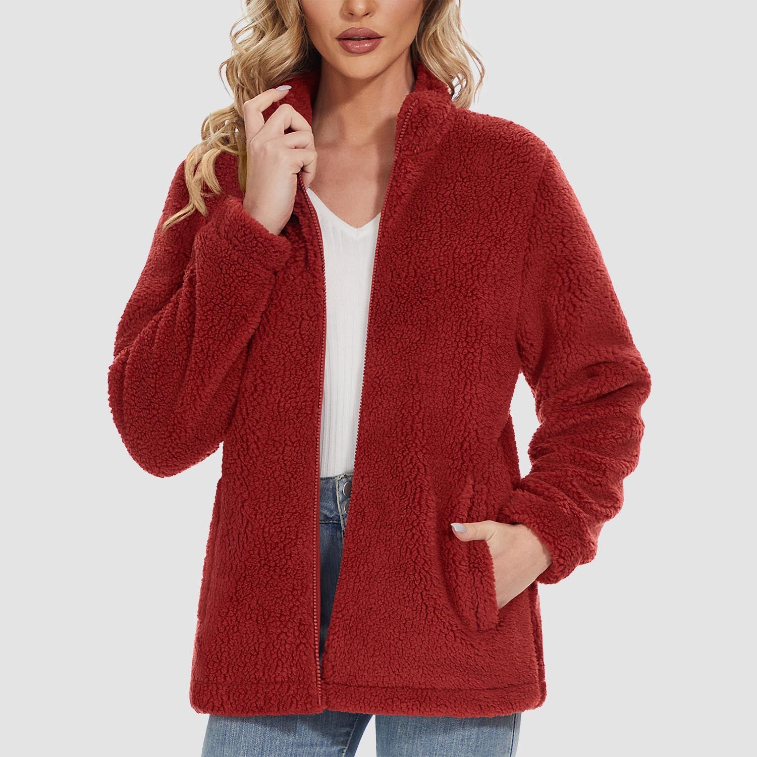 Women Sherpa Jacket Full-Zip Fuzzy Fleece Teddy Casual Coats Zip Pockets Winter Warm Soft Jackets