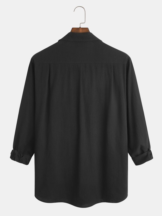 Men's Cotton Linen Casual Pocket Long Sleeve Shirt