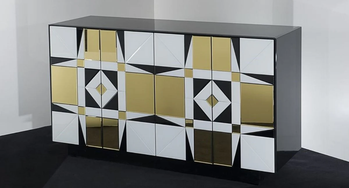 Casa Padrino aparador de lujo negro / blanco / oro 140 x 45 x A. 80 cm - Armario de madera maciza con 4 puertas espejadas - Muebles de Lujo