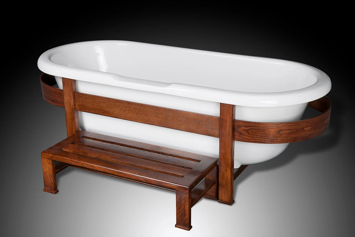 Casa Padrino bañera de lujo retro blanco / marron oscuro 178 x 76 x A. 73 cm - Bañera independiente con estructura de madera y escalón - Muebles de baño retro
