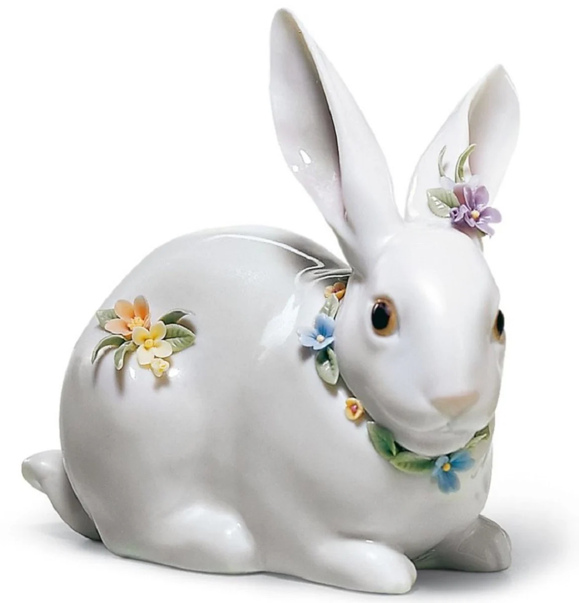Casa Padrino escultura de porcelana de lujo liebre con flores blanco / multicolor 12 x H. 11 cm - Decoración de Porcelana de Lujo Hecha a Mano y Pintada a Mano