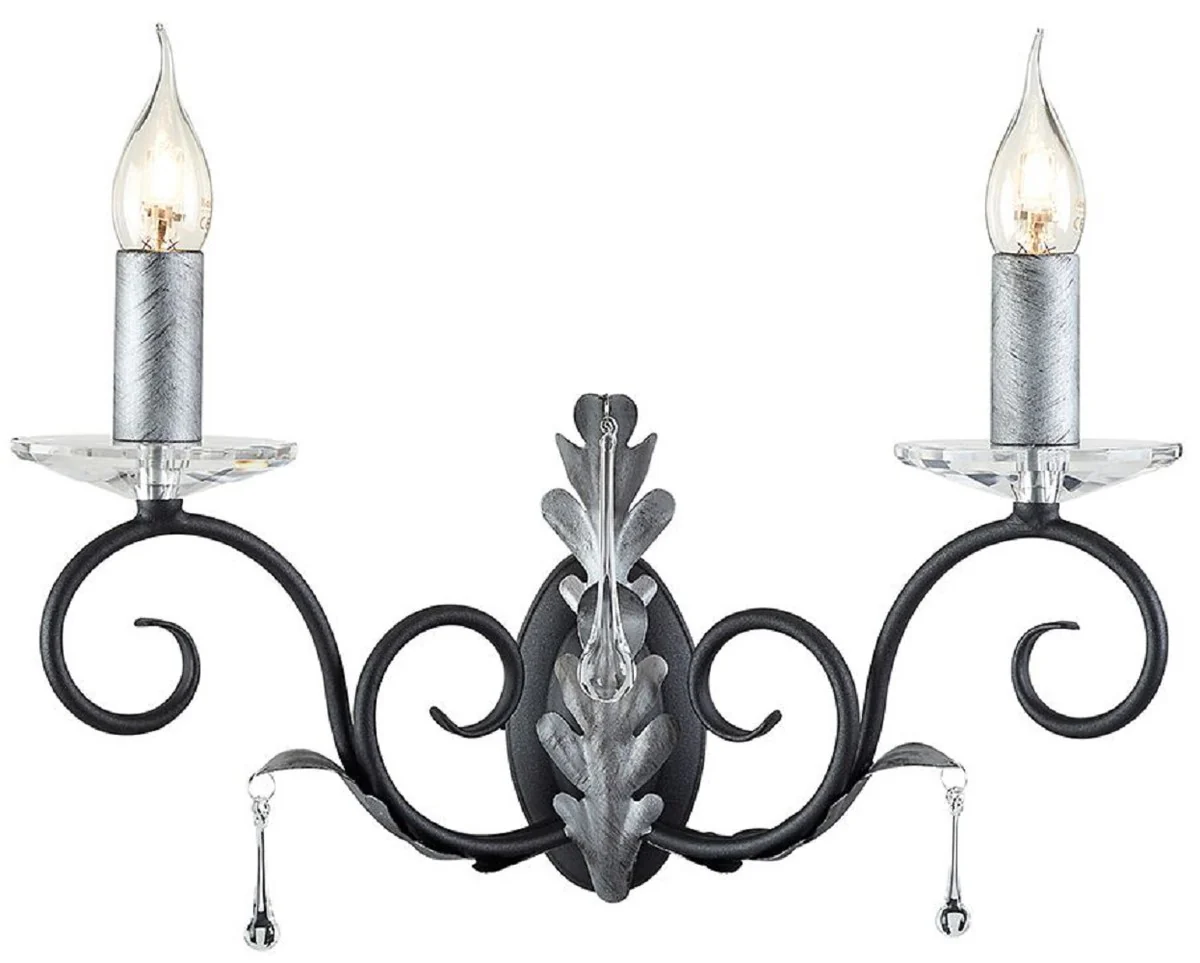 Casa Padrino lámpara de pared doble barroco negro / plata 37 x 19 x A. 38 cm - Lámpara de pared con hojas de roble hechas a mano y gotas de vidrio decorativas - Lámparas de pared de estilo barroco