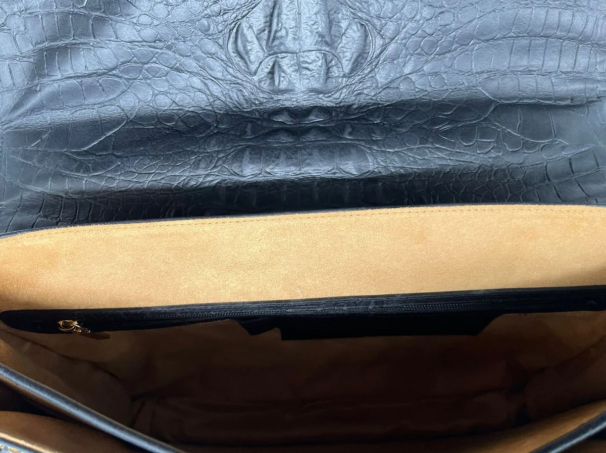 Casa Padrino malet¨ªn de lujo para hombre de cuero genuino con aspecto de cocodrilo negro / oro 42 cm - Hecho en Italia