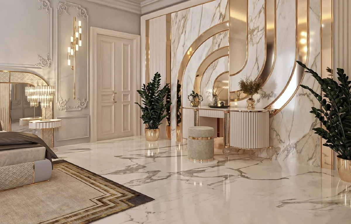 Casa Padrino tocador Art Deco de lujo crema / blanco / oro 188 x 60 x A. 89 cm - Tocador con tapa de m¨¢rmol artificial - Muebles de Dormitorio Art Deco - Muebles de Dormitorio de Lujo