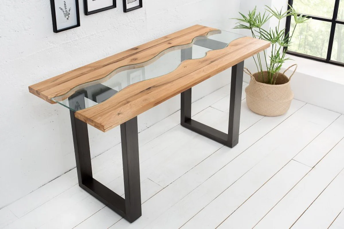 Consola de roble macizo de madera maciza de dise?ador de Casa Padrino con vidrio de seguridad 140 x 60 x H.75 cm - mesa consola - secretaria consola - mesa de tel¨¦fono - muebles de hotel