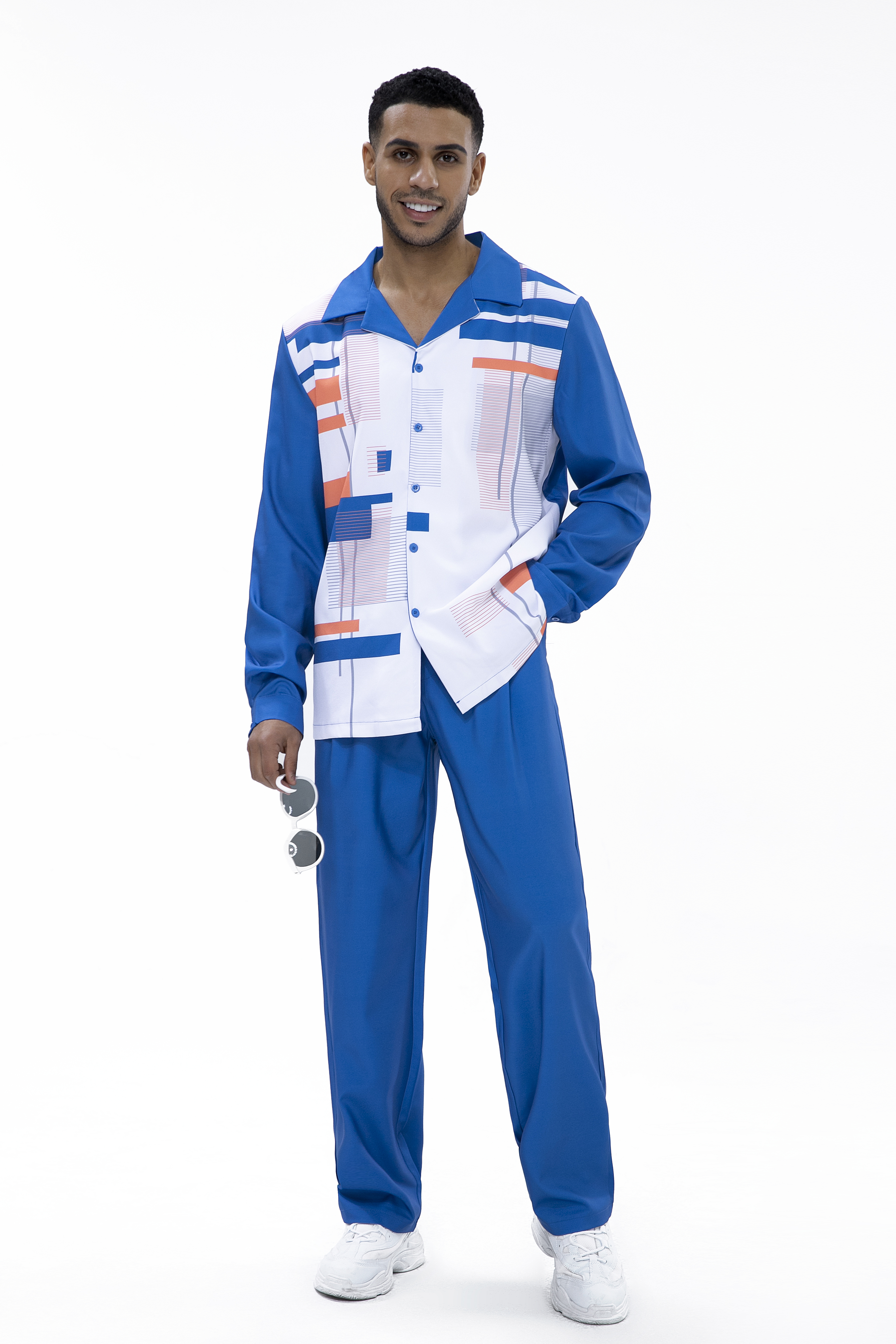 Suitmens Navy Geometric Print Walking Suit 2 Piece Long Sleeve Set