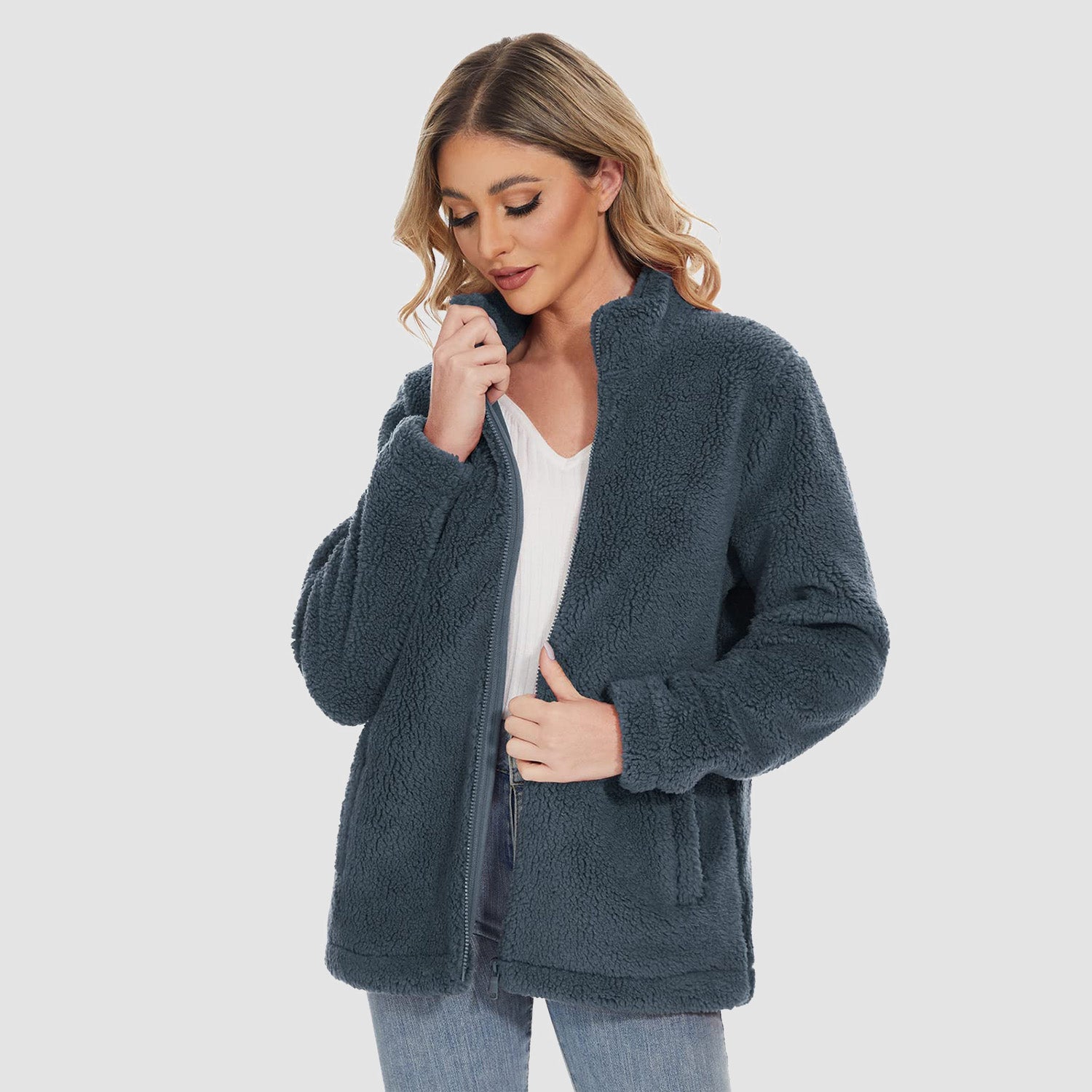Women Sherpa Jacket Full-Zip Fuzzy Fleece Teddy Casual Coats Zip Pockets Winter Warm Soft Jackets