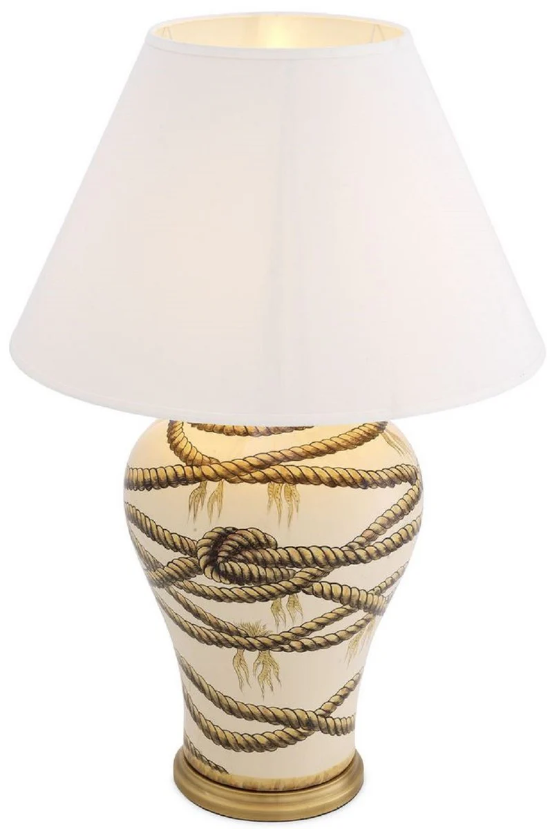 Casa Padrino lámpara de mesa de lujo beige / latón antiguo / blanco Ø 56 x A. 86 cm - Lámpara de mesa de porcelana pintada a mano - Colección de Lujo