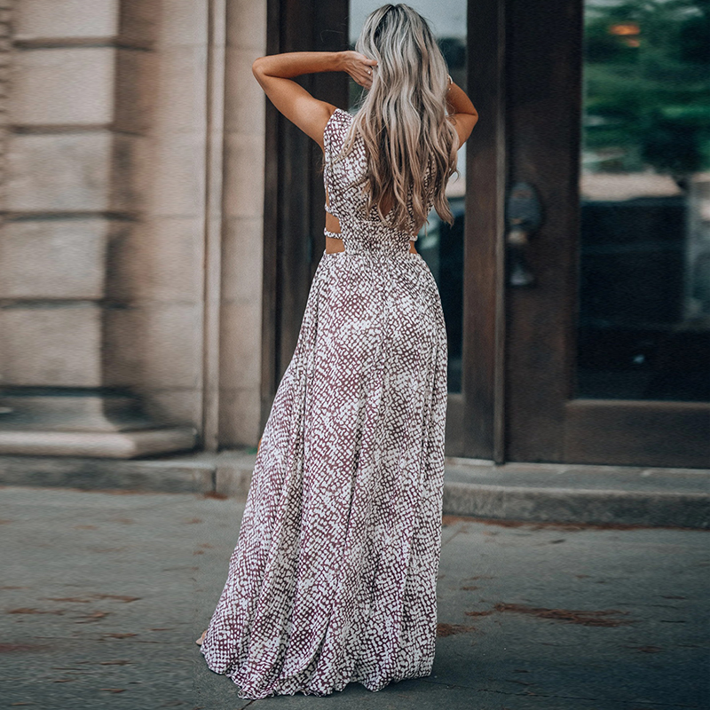 Fashion V-neck Sleeveless Slit Printed Dress