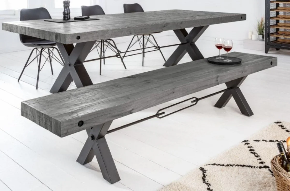 Casa Padrino banco de dise?o industrial gris / negro 170 x 40 x A. 45 cm - Banco de madera maciza con estructura de metal pintado en polvo - Muebles de dise?o industrial