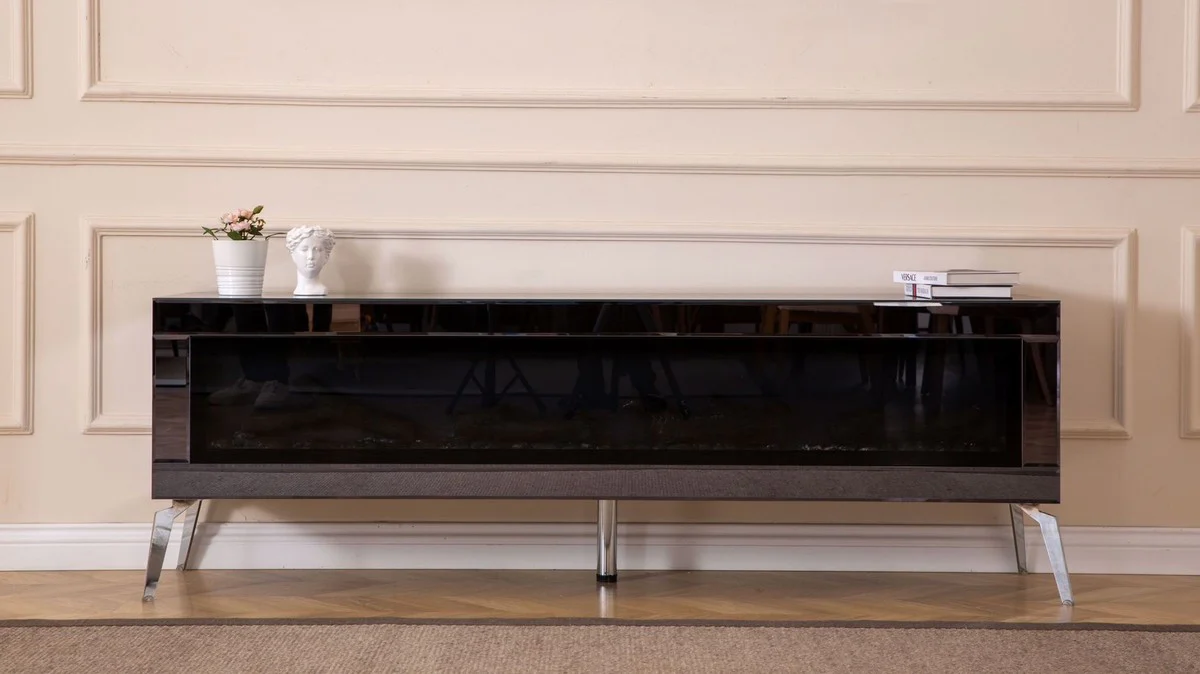 Casa Padrino gabinete de TV de lujo con chimenea el¨¦ctrica LED y mando a distancia plata 180 cm