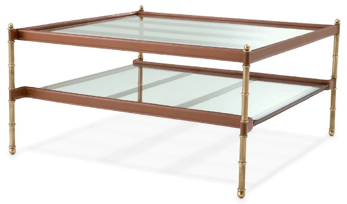 Casa Padrino mesa de centro de lujo lat¨®n vintage / marr¨®n 89 x 87,5 x A. 44 cm - Mesa de sal¨®n con tapas de vidrio y cuero genuino - Muebles de sal¨®n - Muebles de hotel - Muebles de lujo