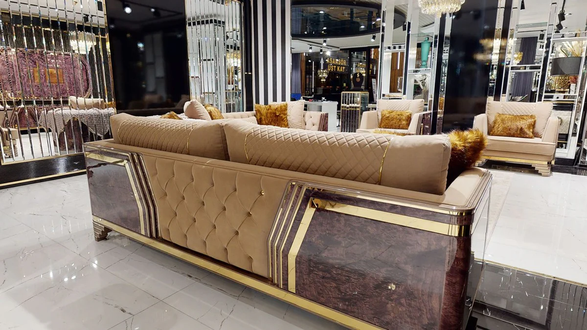 Casa Padrino sof¨¢ Art Deco Chesterfield de lujo beige / p¨²rpura / gris / oro - Sof¨¢ de sal¨®n noble con aspecto de m¨¢rmol - Muebles de Hotel y Sala de Estar Art Deco de Lujo