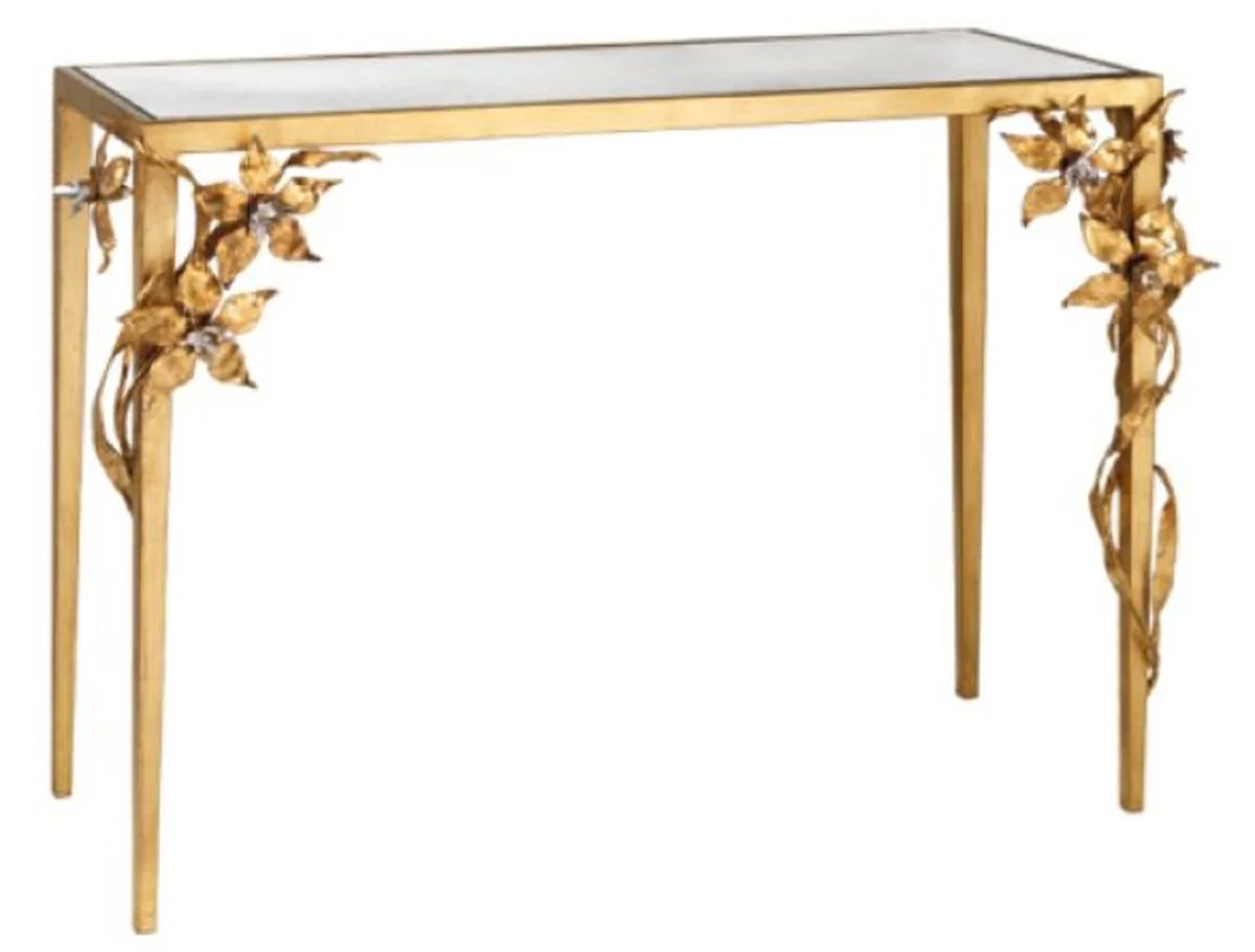 Casa Padrino consola de lujo con flores decorativas forjadas a mano oro 120 x 45 x A. 95 cm - Mesa consola noble con tapa de vidrio y cristal Swarovski - Muebles de Lujo