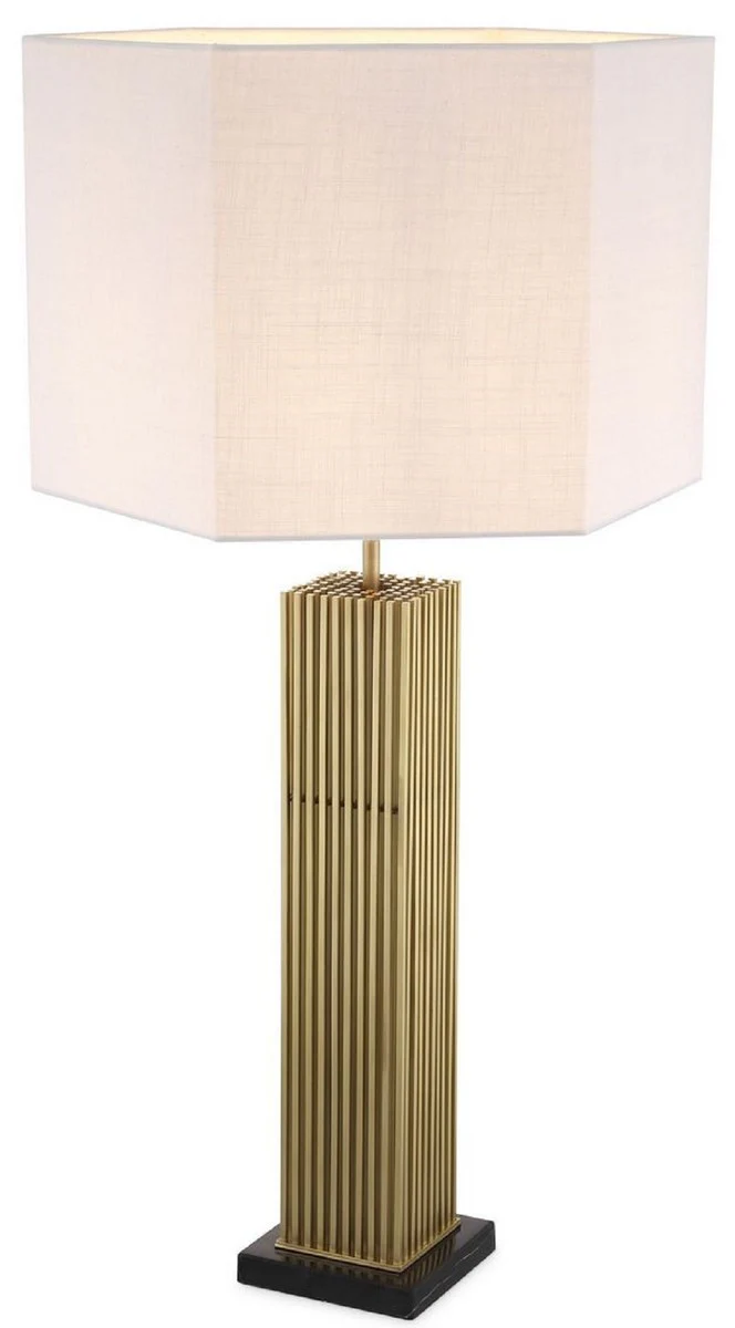 Casa Padrino lámpara de mesa de lujo latón antiguo / negro / blanco 46 x 46 x A. 87 cm - Lámpara de escritorio moderna con pantalla hexagonal - Calidad de Lujo