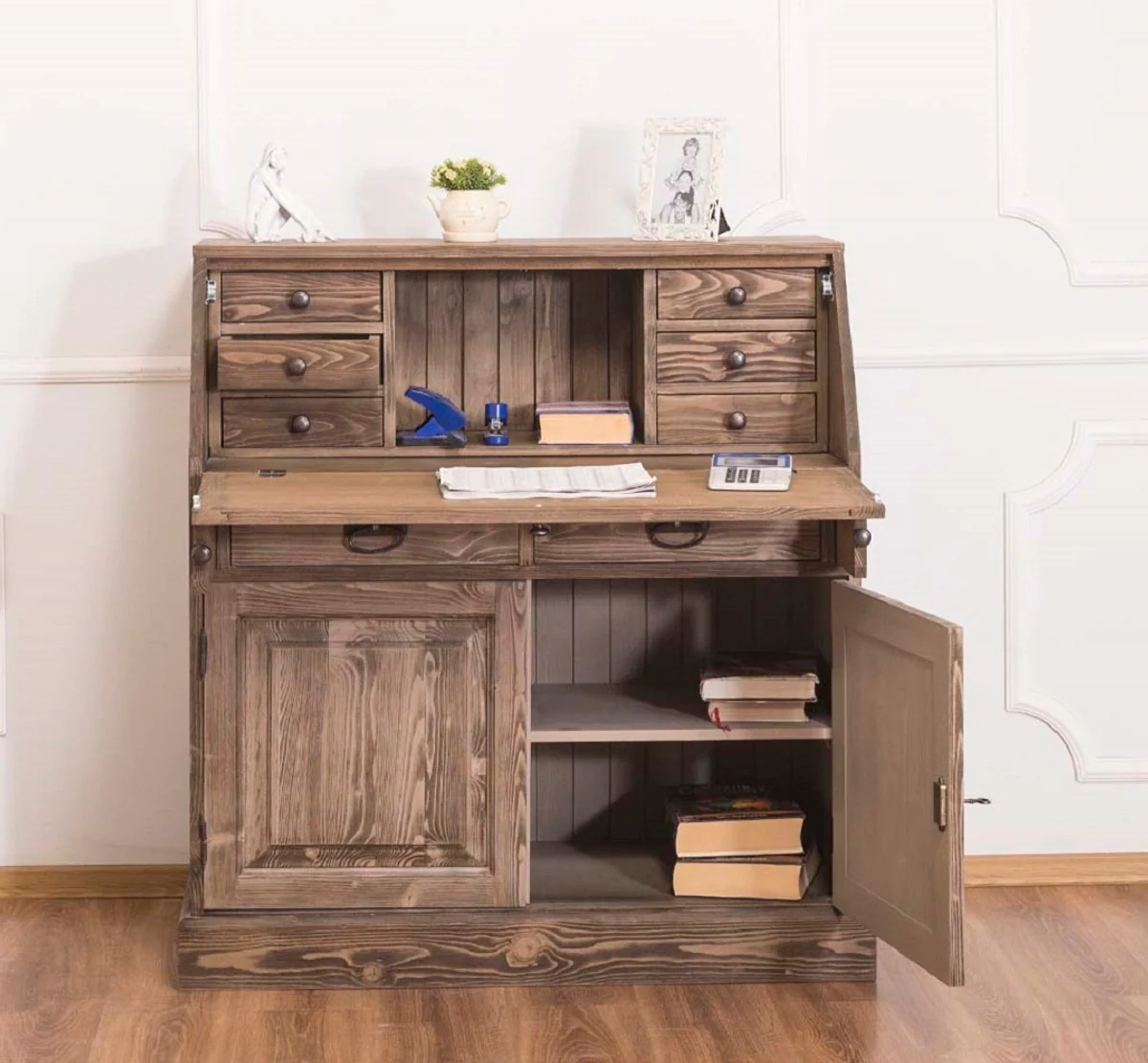 Casa Padrino escritorio de estilo campestre con 2 puertas y 8 cajones marrón 106 x 49 x H. 109 cm - Muebles de Estilo Campestre