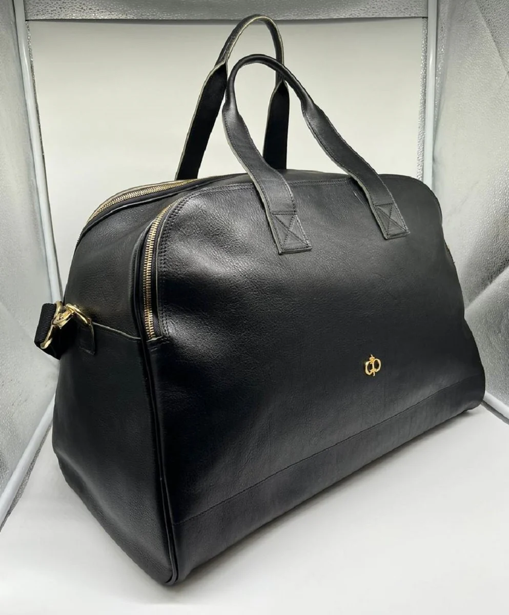 Casa Padrino bolso de viaje de lujo de cuero genuino negro / oro 50 cm - Hecho en Italia