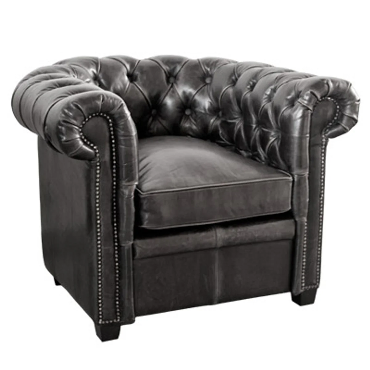 Casa Padrino Chesterfield Sill¨®n de cuero genuino negro en madera maciza - muebles de lujo