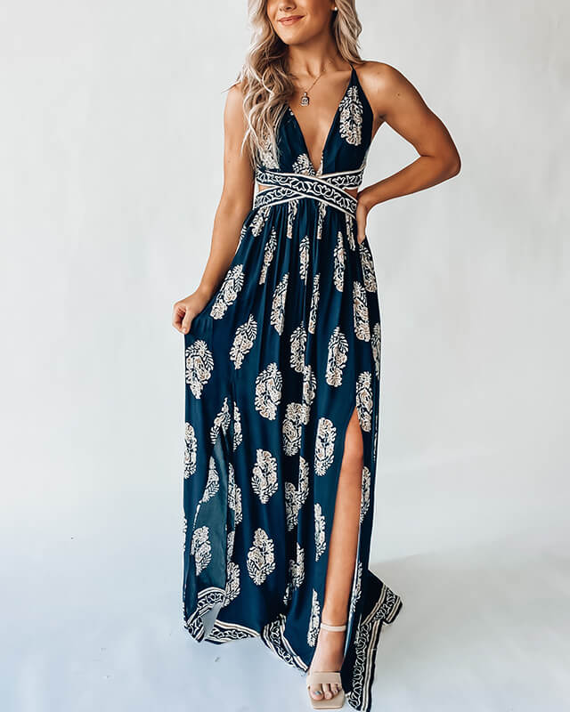 Women's Backless Sexy Slit Print Dress