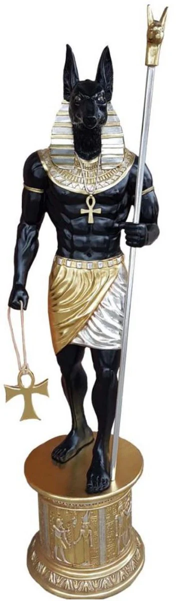 Casa Padrino escultura decorativa dios egipcio Anubis negro / oro / plata A. 250 cm - Enorme figura decorativa egipcia resistente a la intemperie con pedestal - Decoración de Jardín y Terraza