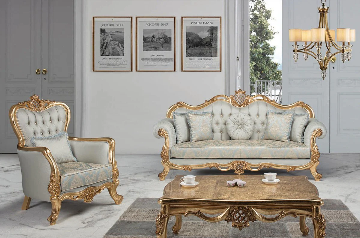 Casa Padrino conjunto de sala de estar barroco de lujo azul claro / turquesa / oro - 2 Sof¨¢s y 2 Sillones y 1 Mesa de Centro - Muebles de sala en estilo barroco - Noble y Adornado