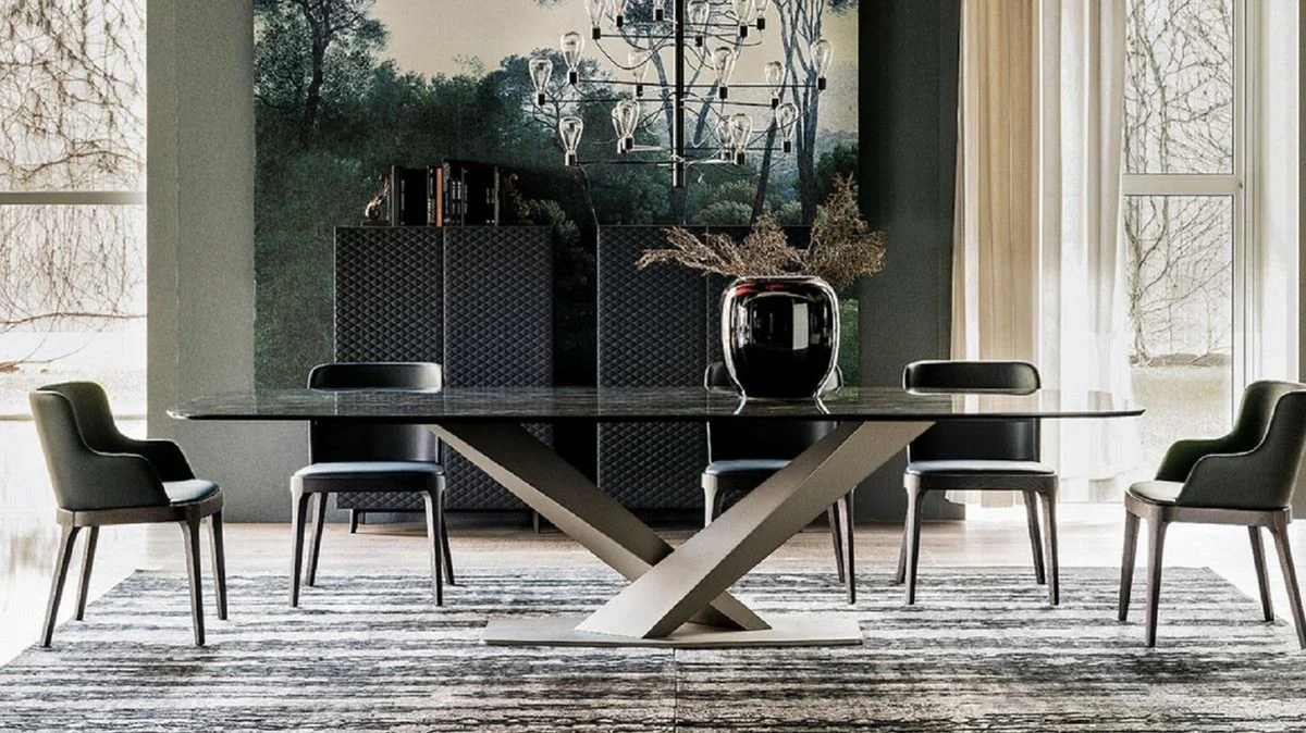 Casa Padrino mesa de comedor de lujo negro de alto brillo / titanio 200 x 120 x A. 75 cm - Mesa de comedor con tablero de cer¨¢mica - Muebles de comedor modernos - Calidad de lujo - Hecho en Italia