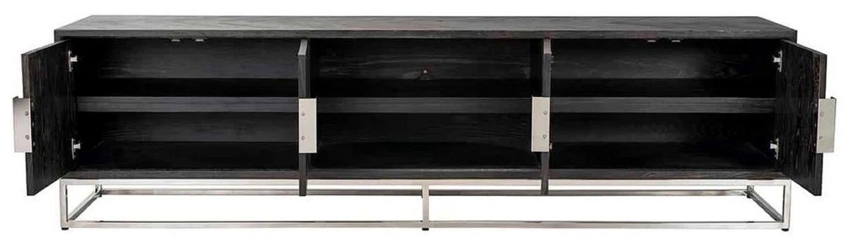 Casa Padrino gabinete de TV de lujo negro / plata 220 x 42,5 x A. 60 cm - Aparador de madera maciza con 4 puertas - Muebles de salón - Muebles de hotel - Colección de Lujo