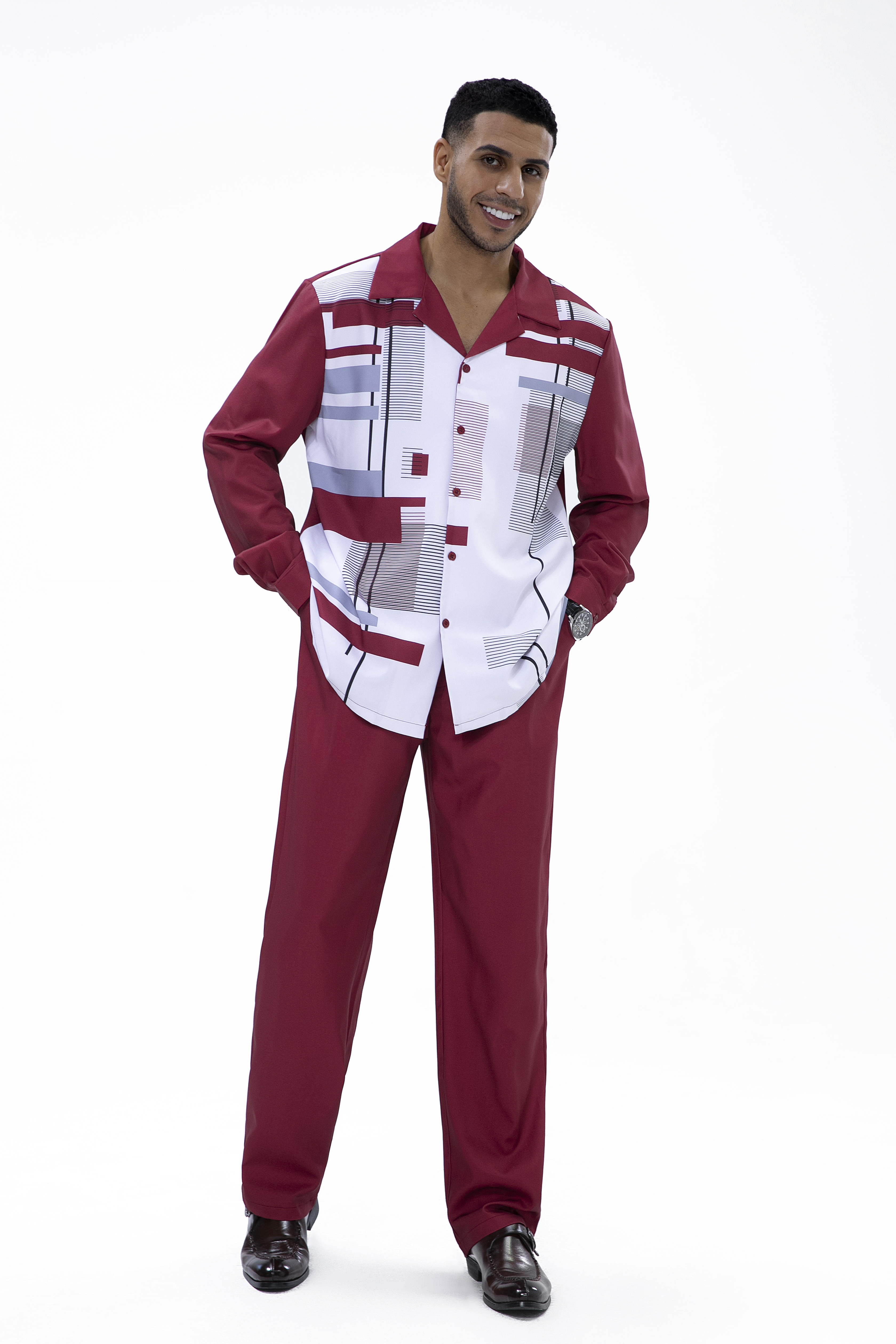 Suitmens Burgundy Geometric Print Walking Suit 2 Piece LongSleeve Set