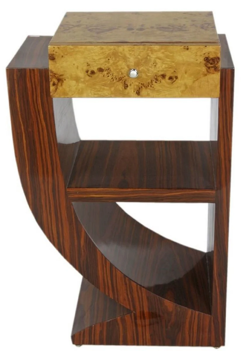 Casa Padrino Conjunto de Mesa Auxiliar Art Déco Marrón / Marrón Claro 50 x 40 x H. 75 cm - Mesas Auxiliares de Caoba y Madera Burl con Cajón - Mesitas de Noche - Calidad de Lujo