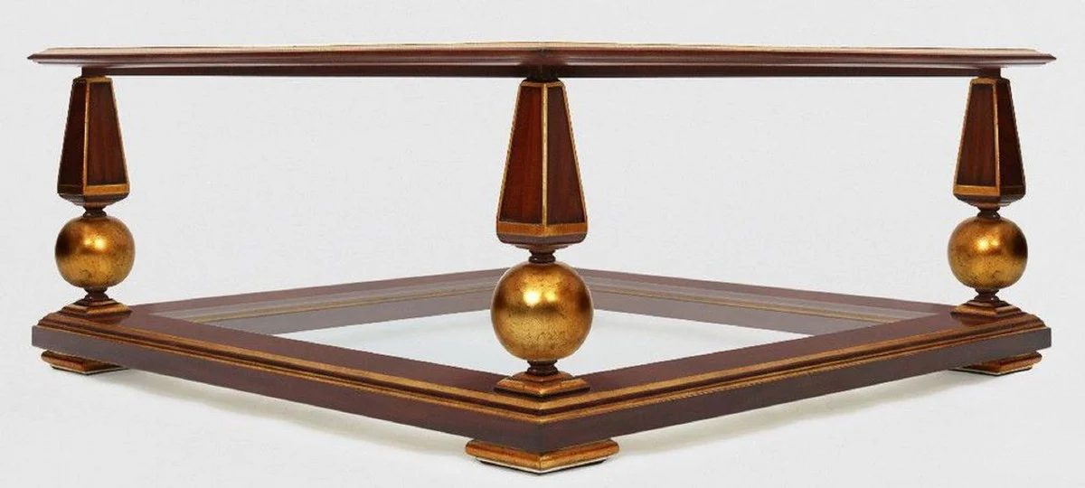 Casa Padrino mesa de centro barroco de lujo marron oscuro / oro antiguo 113 x 113 x A. 47 cm - Magn¨ªfica mesa de sal¨®n de madera maciza con platos de vidrio - Muebles de sal¨®n barrocos