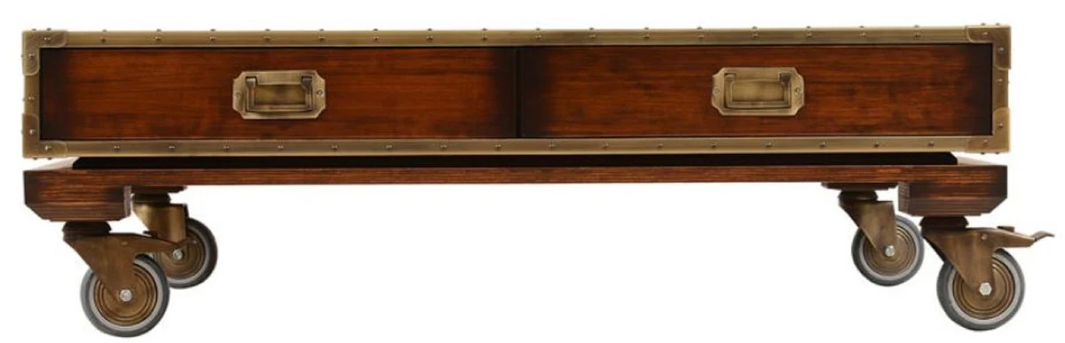 Casa Padrino mesa de centro de estilo vintage de lujo marr¨®n / lat¨®n 109 x 109 x A. 35 cm - Mesa de sal¨®n cuadrada de madera maciza con ruedas y cajones - Muebles estilo vintage - Muebles de lujo