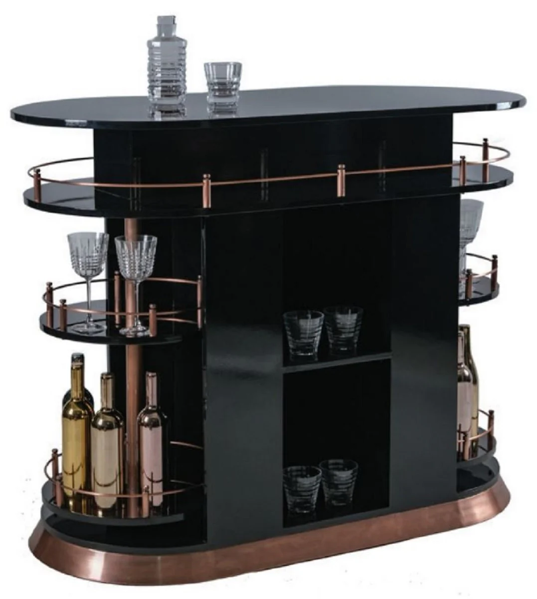Casa Padrino Barra de Bar de Lujo Negro Alto Brillo / Cobre 135 x 65 x A. 106 cm - Mesa de Barra de Madera Maciza Ovalada - Mueble Bar de Madera Maciza - Mueble Bar de Lujo - Muebles de Lujo