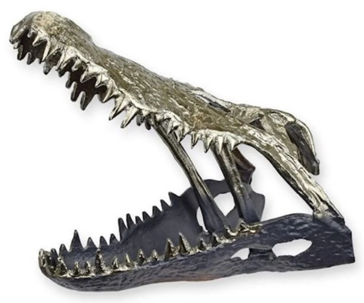 Casa Padrino escultura decorativa de aluminio de lujo calavera de cocodrilo plata / negro 36 x 24,2 x A. 30 cm - Figura decorativa de aluminio - Decoración de salón - Decoración de escritorio
