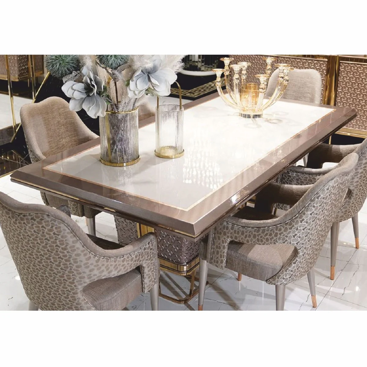 Casa Padrino mesa de comedor de lujo blanco / gris / oro 223 cm - Muebles de comedor