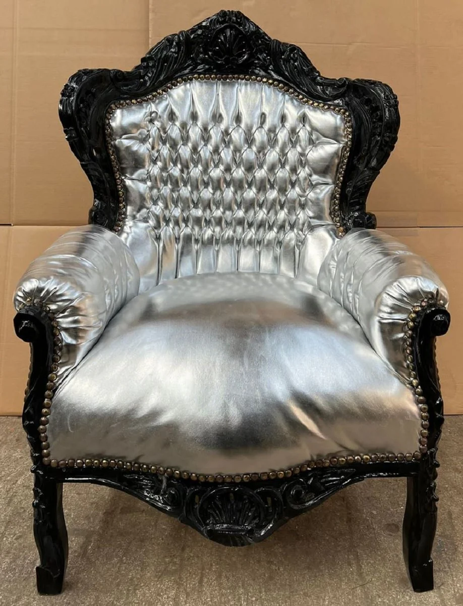 Casa Padrino sill¨®n barroco plata / negro - Sill¨®n de sal¨®n de madera maciza hecho a mano con cuero artificial - Sill¨®n de sal¨®n de estilo antiguo - Muebles de sal¨®n barrocos