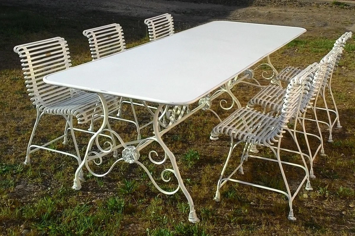 Casa Padrino mesa de comedor de jard¨ªn Art Nouveau blanco antiguo 250 x 90 x A. 75 cm - Mesa de jard¨ªn de hierro forjado nost¨¢lgico - Muebles de jard¨ªn Art Nouveau - Muebles de jard¨ªn nost¨¢lgicos