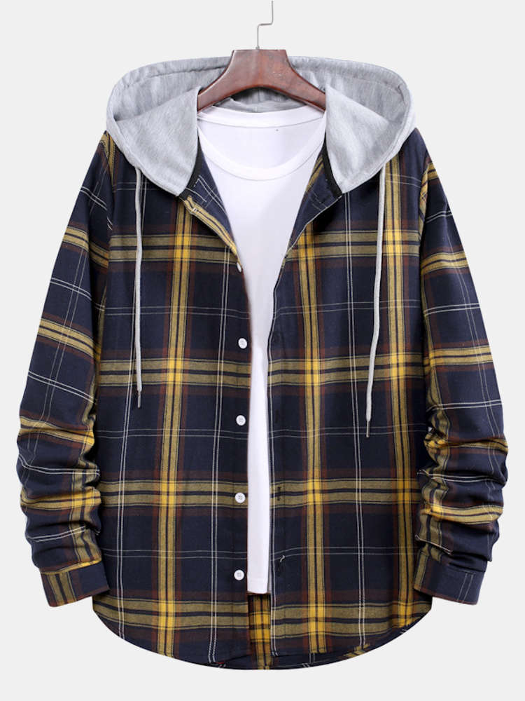 Curved Hem Contrast Hooded Plaid Shirts